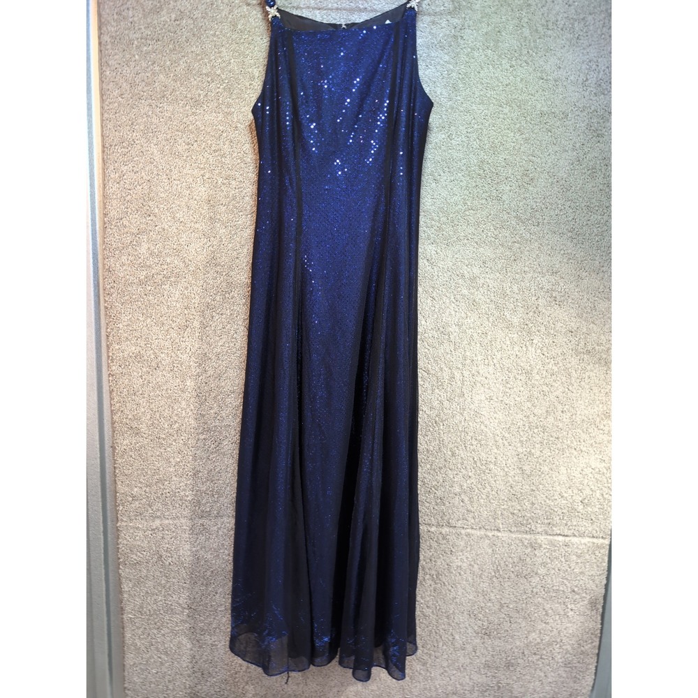 Betsy & Adam Vintage Blue Sequin Gown Rhinestone Strap Formal Dress Size 12 - Picture 1 of 12